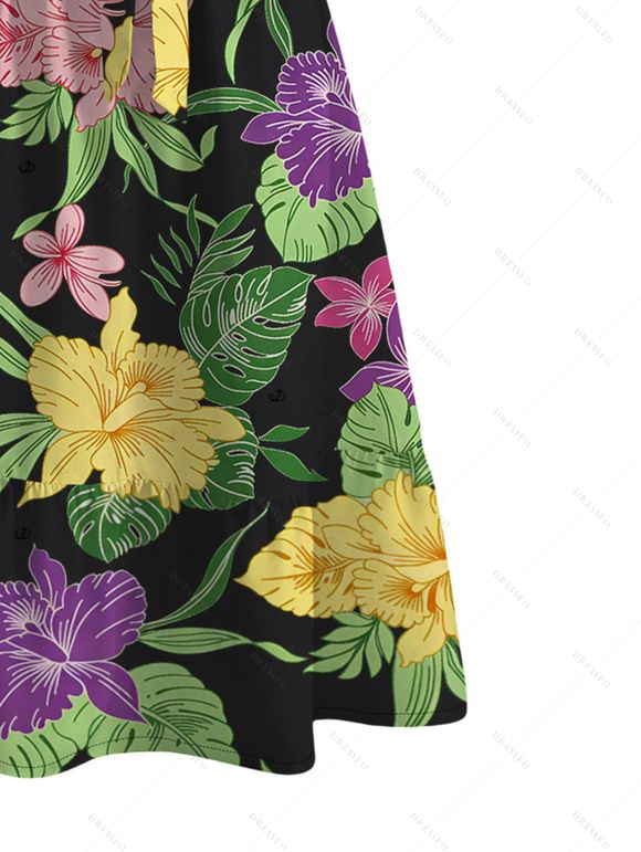 Hawaiian Dress Vibrant Iris Lily Colorful Floral Print V Notched Belt Dress - Noir XXL | US 14