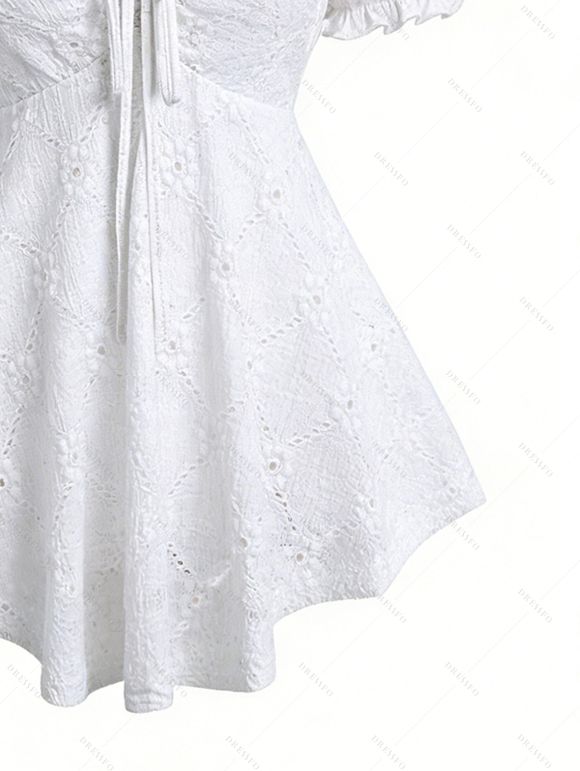 Casual Couple Outfit Geometric Hollow Out Ruffle Cinched Tank Top and Lace Up Flare Jeans Set - Blanc S | US 4