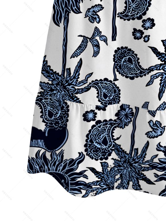 Hawaiian Vacation Dress Retro Sun Palm Tree Print V Notched Belt Dress - Noir XXL | US 14