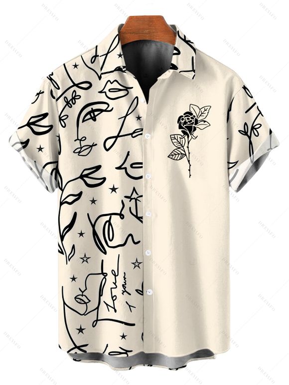 Hawaii Vacation Couple Outfit Graffiti Leaf Rose Star Print V Notched Belt Dress and Shirt Set - Noir S | US 4