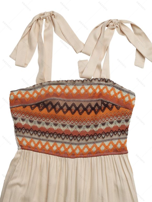 Vacation Wide Leg Jumpsuit Bohemian Zig Zag Print Tied Shoulder Pocket Jumpsuit - café lumière XL | US 10