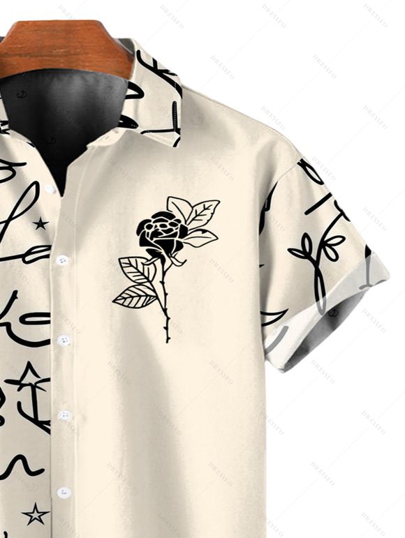 Hawaii Vacation Couple Outfit Graffiti Leaf Rose Star Print V Notched Belt Dress and Shirt Set - Noir S | US 4