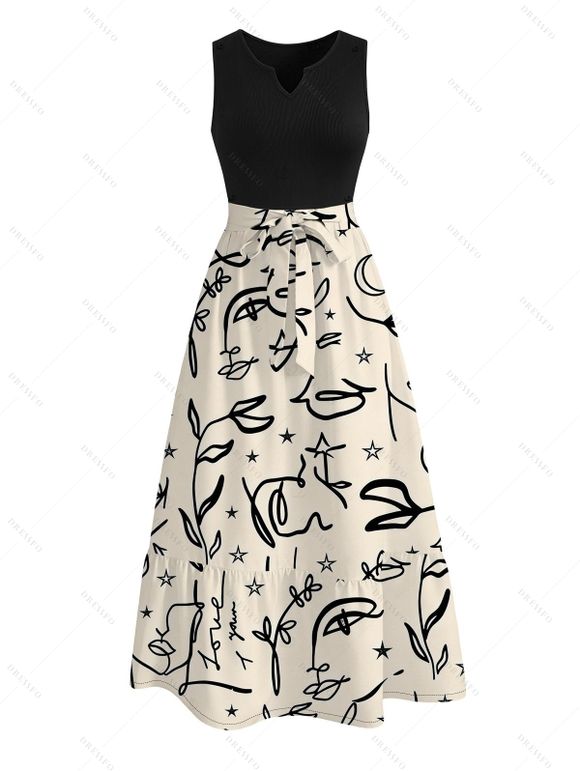 Hawaii Vacation Couple Outfit Graffiti Leaf Rose Star Print V Notched Belt Dress and Shirt Set - Noir S | US 4