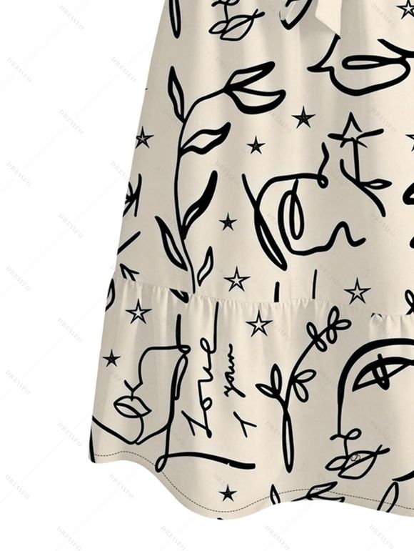 Hawaii Vacation Couple Outfit Graffiti Leaf Rose Star Print V Notched Belt Dress and Shirt Set - Noir S | US 4