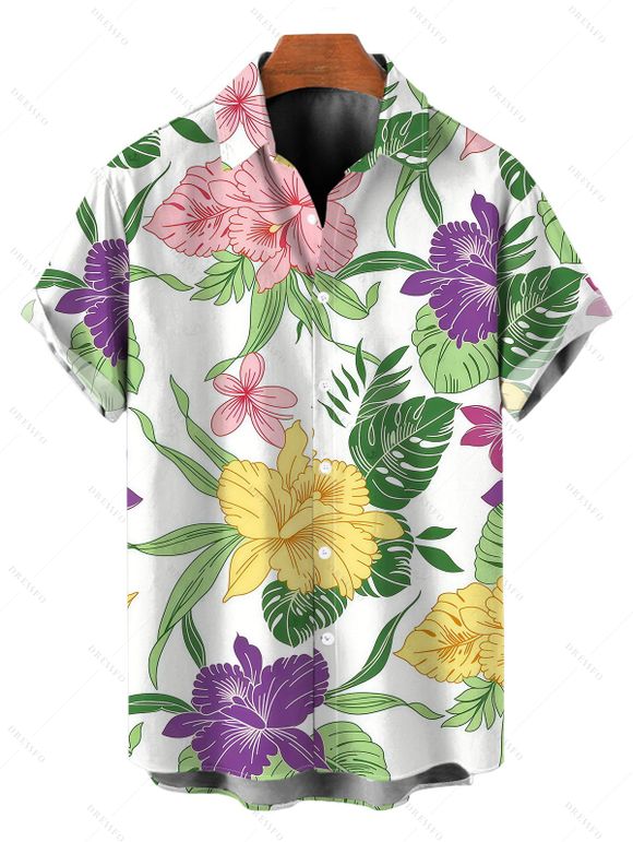 Hawaiian Couple Outfit Vibrant Iris Lily Colorful Floral Print V Notched Belt Dress and Shirt Set - Noir S | US 4
