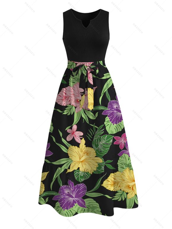 Hawaiian Couple Outfit Vibrant Iris Lily Colorful Floral Print V Notched Belt Dress and Shirt Set - Noir S | US 4