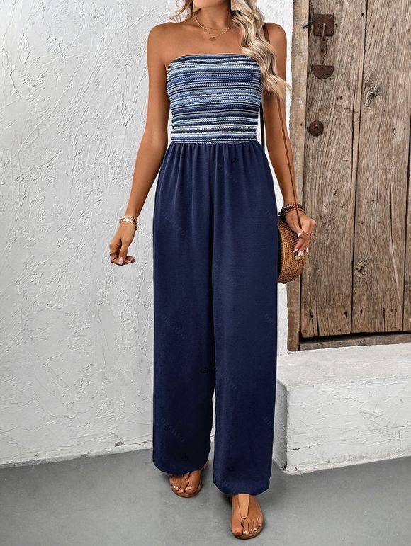 Vacation Wide Leg Jumpsuit Striped Print Pocket Off the Shoulder Jumpsuit - Bleu de Minuit XL | US 10