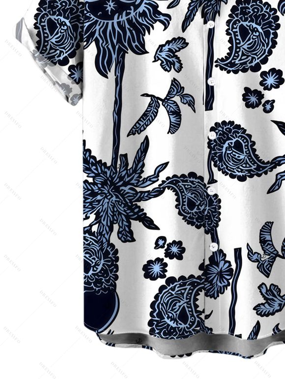 Hawaiian Couple Outfit Retro Sun Palm Tree Print V Notched Belt Dress and Shirt Set - Bleu de Minuit S | US 4