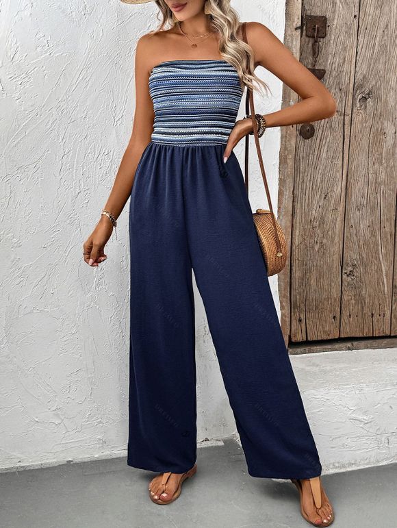 Vacation Wide Leg Jumpsuit Striped Print Pocket Off the Shoulder Jumpsuit - Bleu de Minuit XL | US 10