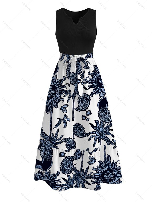 Hawaiian Couple Outfit Retro Sun Palm Tree Print V Notched Belt Dress and Shirt Set - Bleu de Minuit S | US 4