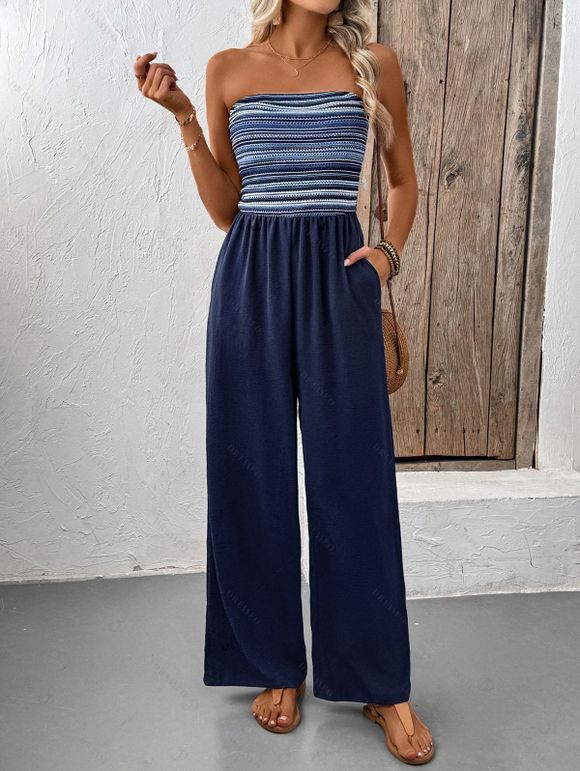 Vacation Wide Leg Jumpsuit Striped Print Pocket Off the Shoulder Jumpsuit - Bleu de Minuit XL | US 10