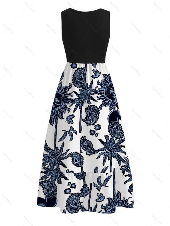 Hawaiian Couple Outfit Retro Sun Palm Tree Print V Notched Belt Dress and Shirt Set - Bleu de Minuit S | US 4