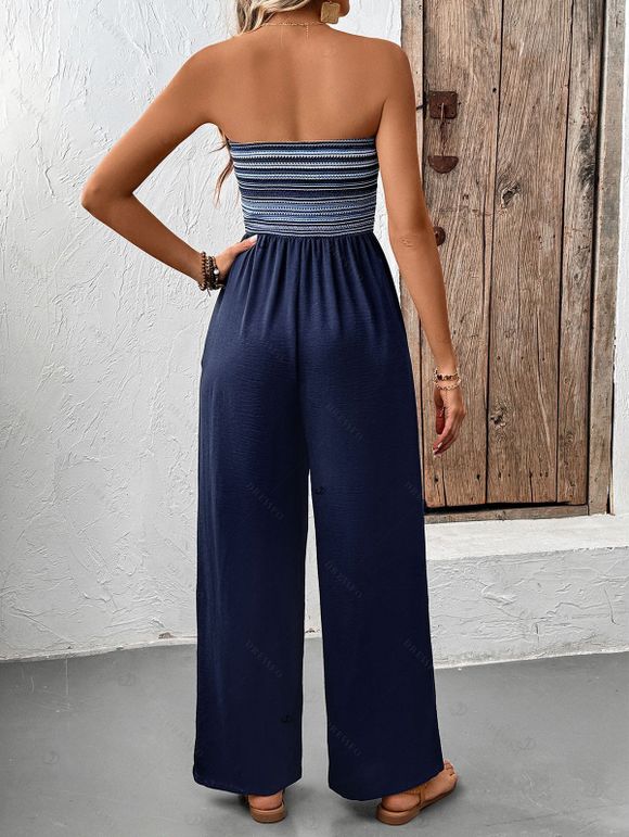 Vacation Wide Leg Jumpsuit Striped Print Pocket Off the Shoulder Jumpsuit - Bleu de Minuit XL | US 10