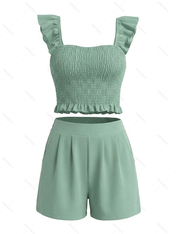 Vacation Couple Outfit Smocked Ruffle Tank Top Pocket Shorts and Lily Floral Print Shirt Set - Vert clair S | US 4