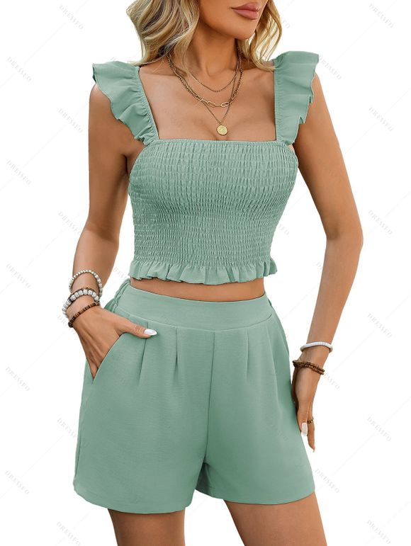 Vacation Couple Outfit Smocked Ruffle Tank Top Pocket Shorts and Lily Floral Print Shirt Set - Vert clair S | US 4