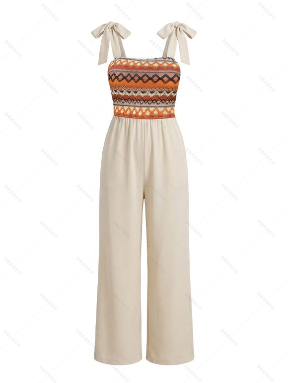 Vacation Bohemian Couple Outfit Zig Zag Print Tied Pocket Jumpsuit and Striped Print Shirt Set - café lumière S | US 4