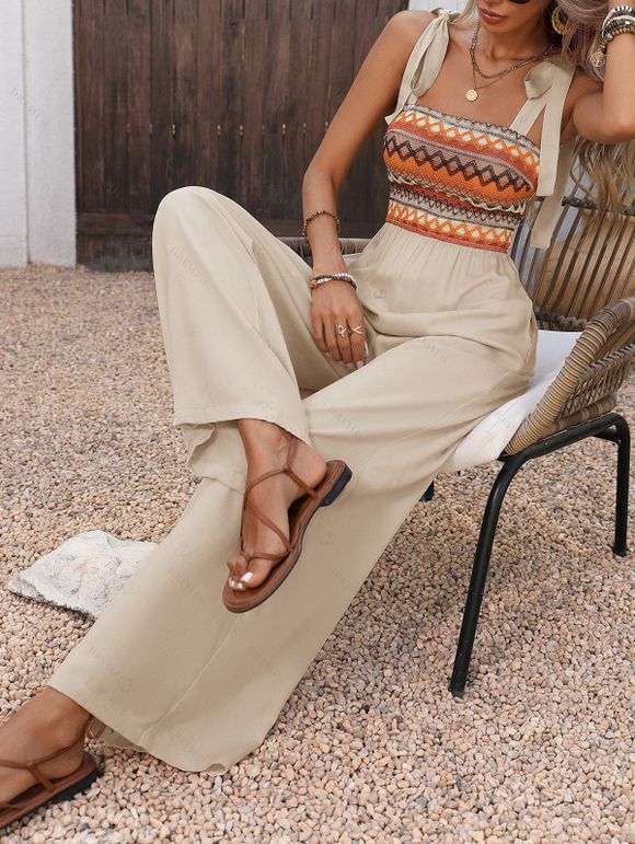 Vacation Bohemian Couple Outfit Zig Zag Print Tied Pocket Jumpsuit and Striped Print Shirt Set - café lumière S | US 4