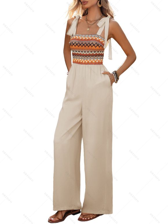 Vacation Bohemian Couple Outfit Zig Zag Print Tied Pocket Jumpsuit and Striped Print Shirt Set - café lumière S | US 4