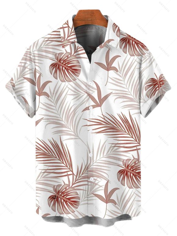 Vacation Couple Outfit Solid Color Ruffle Cinched Romper and Tropical Leaf Print Shirt Set - café lumière S | US 4