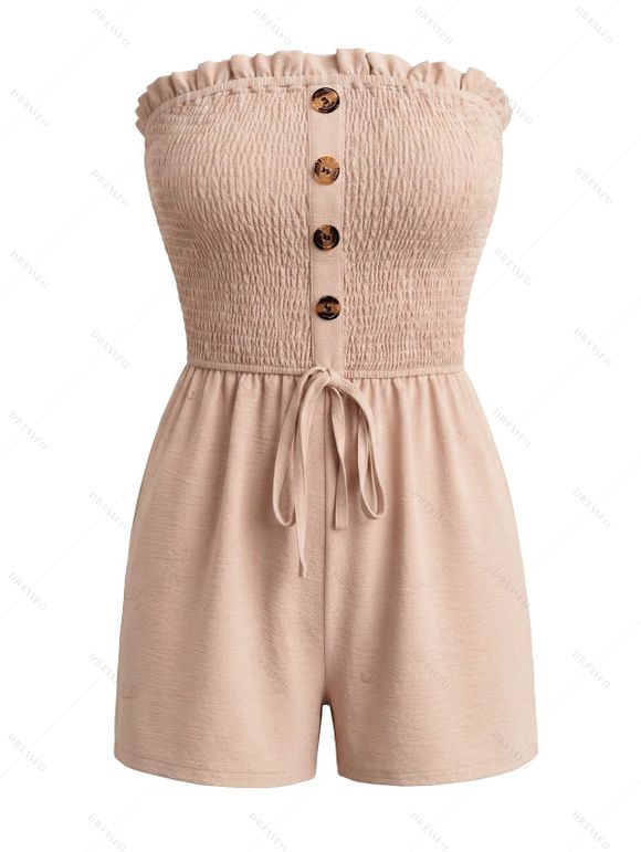 Vacation Couple Outfit Solid Color Ruffle Cinched Romper and Tropical Leaf Print Shirt Set - café lumière S | US 4