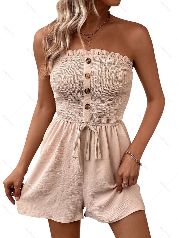 Vacation Couple Outfit Solid Color Ruffle Cinched Romper and Tropical Leaf Print Shirt Set - café lumière S | US 4