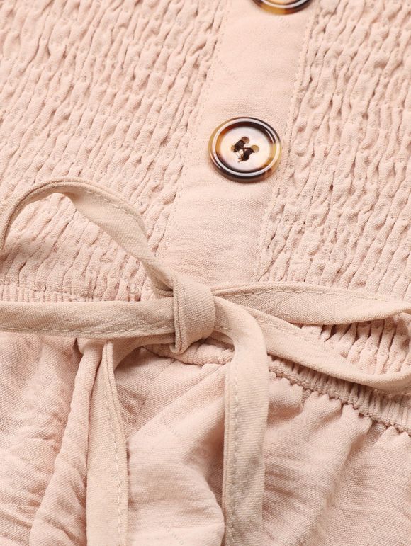 Vacation Couple Outfit Solid Color Ruffle Cinched Romper and Tropical Leaf Print Shirt Set - café lumière S | US 4