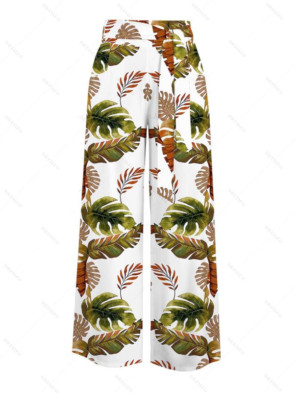 Vacation Couple Outfit Tassel Tank Top Tropical Leaf Print Belt Pants and Shirt Shorts Set - Blanc S | US 4