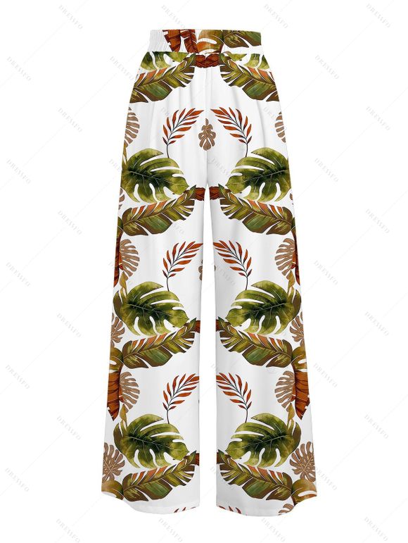 Vacation Couple Outfit Tassel Tank Top Tropical Leaf Print Belt Pants and Shirt Shorts Set - Blanc S | US 4
