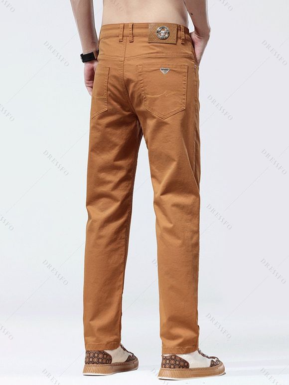 Men's Casual Pants Solid Color Pocket Zip Fly Straight Long Pants - Rouge brique 5XL