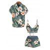 Hawaii Couple Outfit Hibiscus Floral Leaf Print Cinched Boyshorts Swimsuit and Shirt Set - Paon Bleu S | US 4
