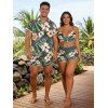 Hawaii Couple Outfit Hibiscus Floral Leaf Print Cinched Boyshorts Swimsuit and Shirt Set - Paon Bleu S | US 4
