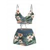 Hawaii Couple Outfit Hibiscus Floral Leaf Print Cinched Boyshorts Swimsuit and Shirt Set - Paon Bleu S | US 4