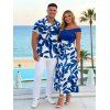 Casual Couple Outfit Colorblock Abstract Leaf Print Foldover Dress and Shirt Set - INDIGO COLOR S | US 4