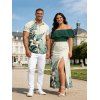 Vacation Couple Outfit Colorblock Lily Floral Print Flounce Off the Shoulder Slit Dress and Shirt Set - Vert S | US 4