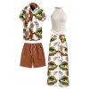 Vacation Couple Outfit Tassel Tank Top Tropical Leaf Print Belt Pants and Shirt Shorts Set - Blanc S | US 4