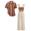 Vacation Bohemian Couple Outfit Zig Zag Print Tied Pocket Jumpsuit and Striped Print Shirt Set - café lumière S | US 4