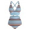 Vacation Swimsuit Colorful Striped Print Crossover Tummy Control Ruched Briefs Swimwear Set - Bleu Toile de Jean XXL | US 14