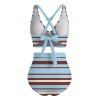 Vacation Swimsuit Colorful Striped Print Crossover Tummy Control Ruched Briefs Swimwear Set - Bleu Toile de Jean XXL | US 14
