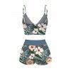 Hawaii Vacation Swimsuit Set Tropical Hibiscus Floral Leaf Print Cinched Boyshorts Swimwear - Paon Bleu XXL | US 14