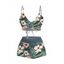 Hawaii Vacation Swimsuit Set Tropical Hibiscus Floral Leaf Print Cinched Boyshorts Swimwear - Paon Bleu XXL | US 14