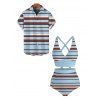 Vacation Couple Outfit Colorful Striped Print Crossover Ruched Swimsuit and Shirt Set - Bleu Toile de Jean S | US 4