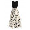 Hawaii Vacation Dress Graffiti Leaf Rose Star Print V Notched Belt Dress - Noir XXL | US 14