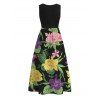Hawaiian Dress Vibrant Iris Lily Colorful Floral Print V Notched Belt Dress - Noir XXL | US 14