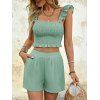 Vacation Outfit Solid Color Smocked Ruffle Tank Top and Pocket Shorts Set - Vert clair XL | US 10