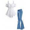 Casual Couple Outfit Geometric Hollow Out Ruffle Cinched Tank Top and Lace Up Flare Jeans Set - Blanc S | US 4