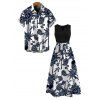 Hawaiian Couple Outfit Retro Sun Palm Tree Print V Notched Belt Dress and Shirt Set - Bleu de Minuit S | US 4