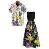 Hawaiian Couple Outfit Vibrant Iris Lily Colorful Floral Print V Notched Belt Dress and Shirt Set - Noir S | US 4