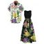 Hawaiian Couple Outfit Vibrant Iris Lily Colorful Floral Print V Notched Belt Dress and Shirt Set - Noir S | US 4