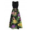 Hawaiian Couple Outfit Vibrant Iris Lily Colorful Floral Print V Notched Belt Dress and Shirt Set - Noir S | US 4