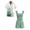 Vacation Couple Outfit Smocked Ruffle Tank Top Pocket Shorts and Lily Floral Print Shirt Set - Vert clair S | US 4